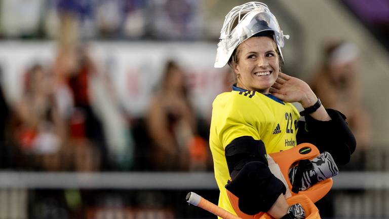 Josine Koning in het tenue van Oranje tijdens het WK hockey (foto: Sander Koning/ANP).