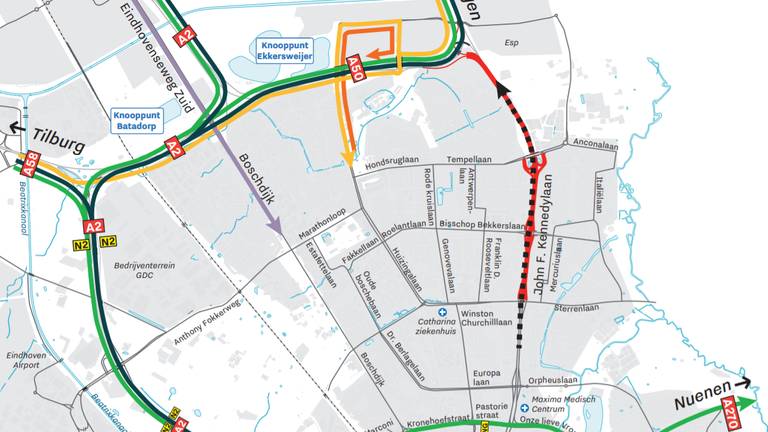 De omleiding bij de Kennedylaan (beeld: gemeente Eindhoven)