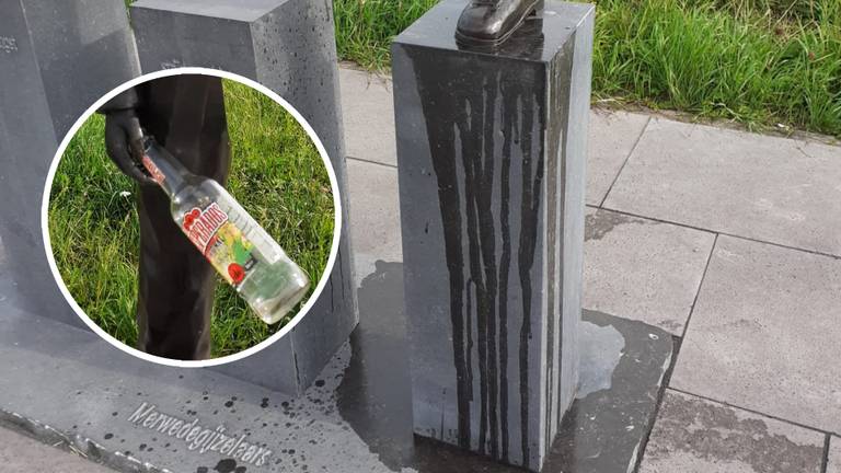 Het monument werd besmeurd en er werd een leeg bierflesje in de hand van de Merwedegijzelaar gestopt.