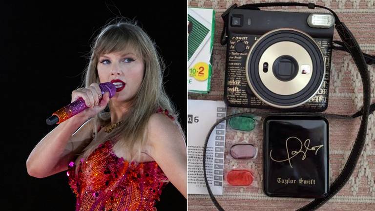 Taylor Swift en rechts de polaroidcamera met haar handtekening (fotomontage: Omroep Brabant).