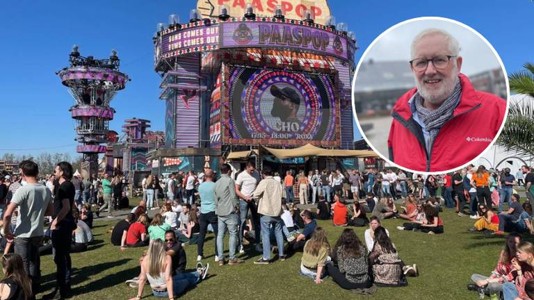 Gezellige drukte op zonnige laatste dag van Paaspop in 2023, Hans Fassbender rechts (foto's: Omroep Brabant). 