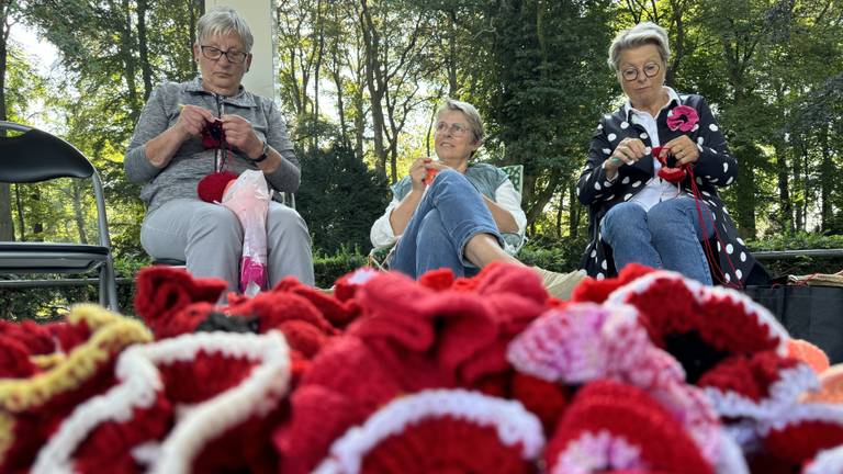 Een paar dames is druk in de weer met het haken van klaprozen (foto: Niek de Bruijn)