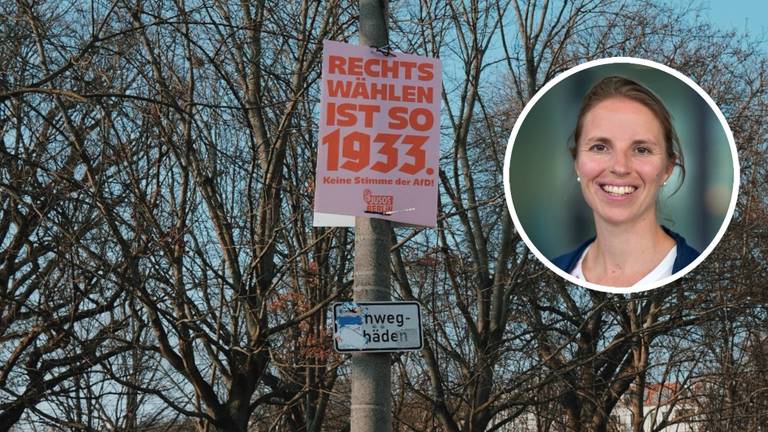 Een verkiezingsbordje in Berlijn en een foto van Nadia (Foto: Carlijn Kösters/Angeline Swinkels).