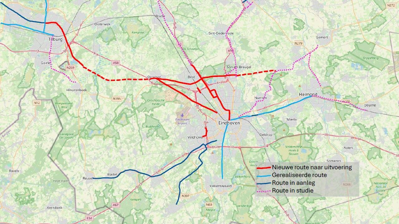 De geplande snelfietsroutes (kaartje: provincie).