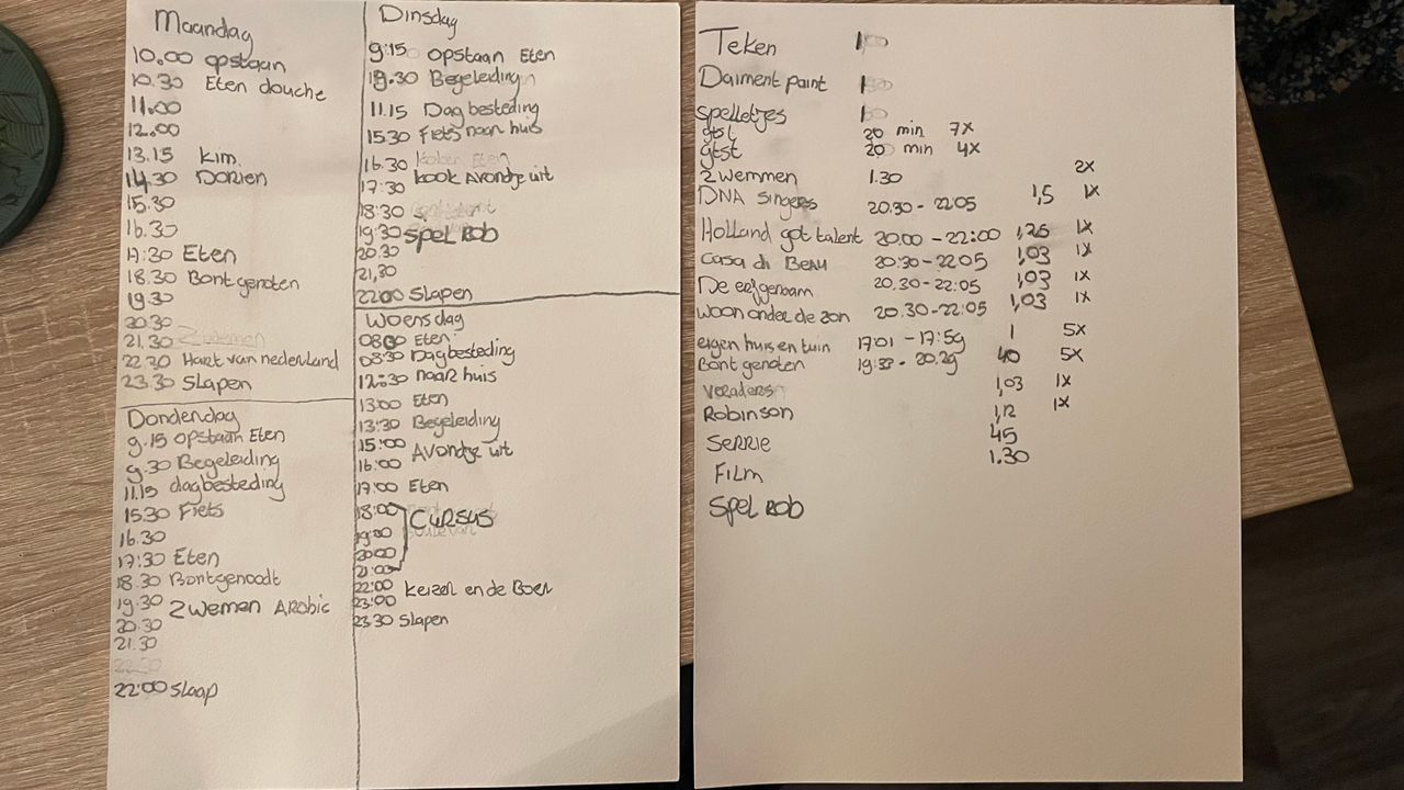 Schema met Esthers dagbesteding (foto: Omroep Brabant).