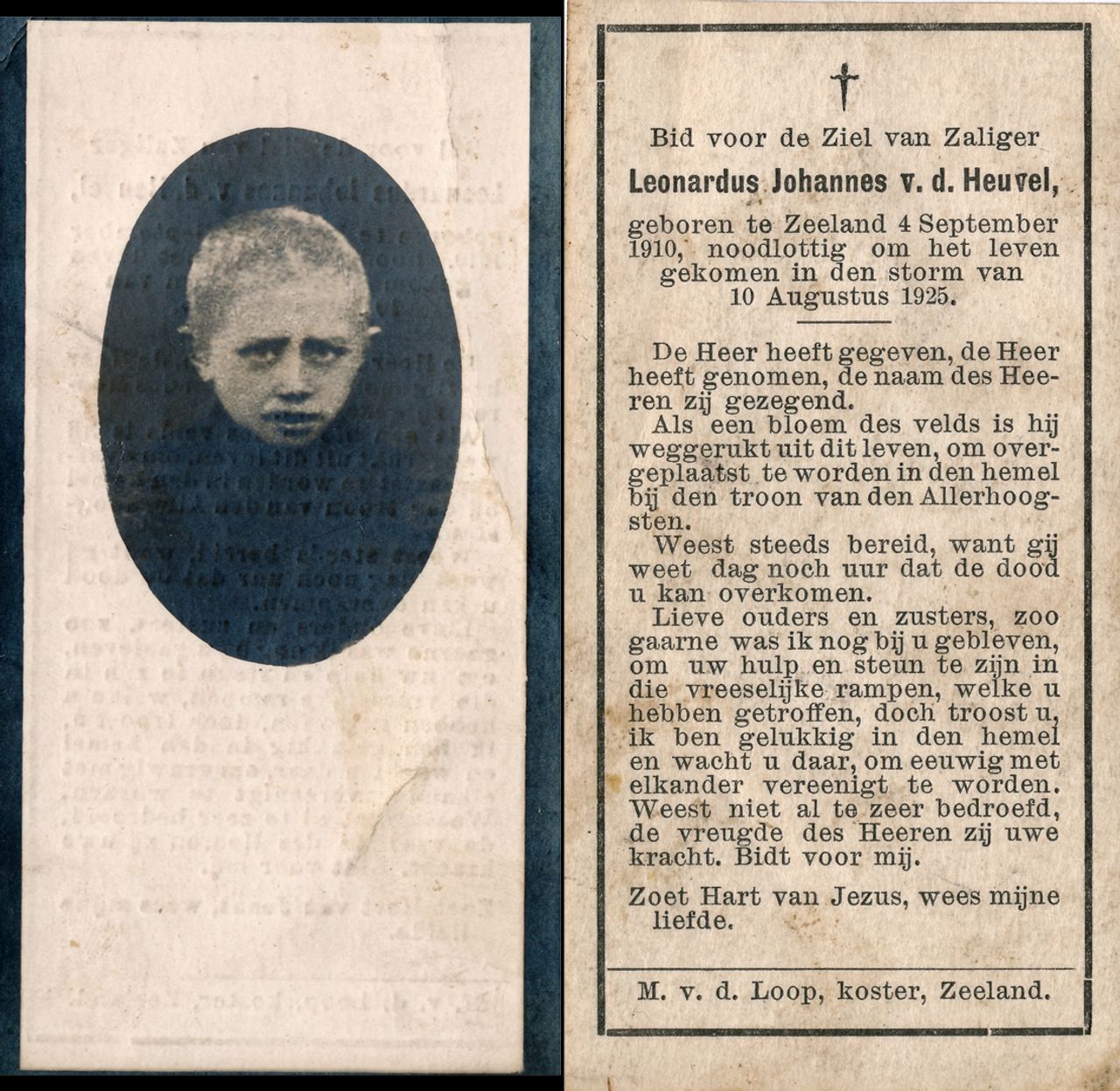 Bidprentje van een van de twee slachtoffers van de stormramp van 1925 (foto: Brabants Historisch Informatie Centrum).