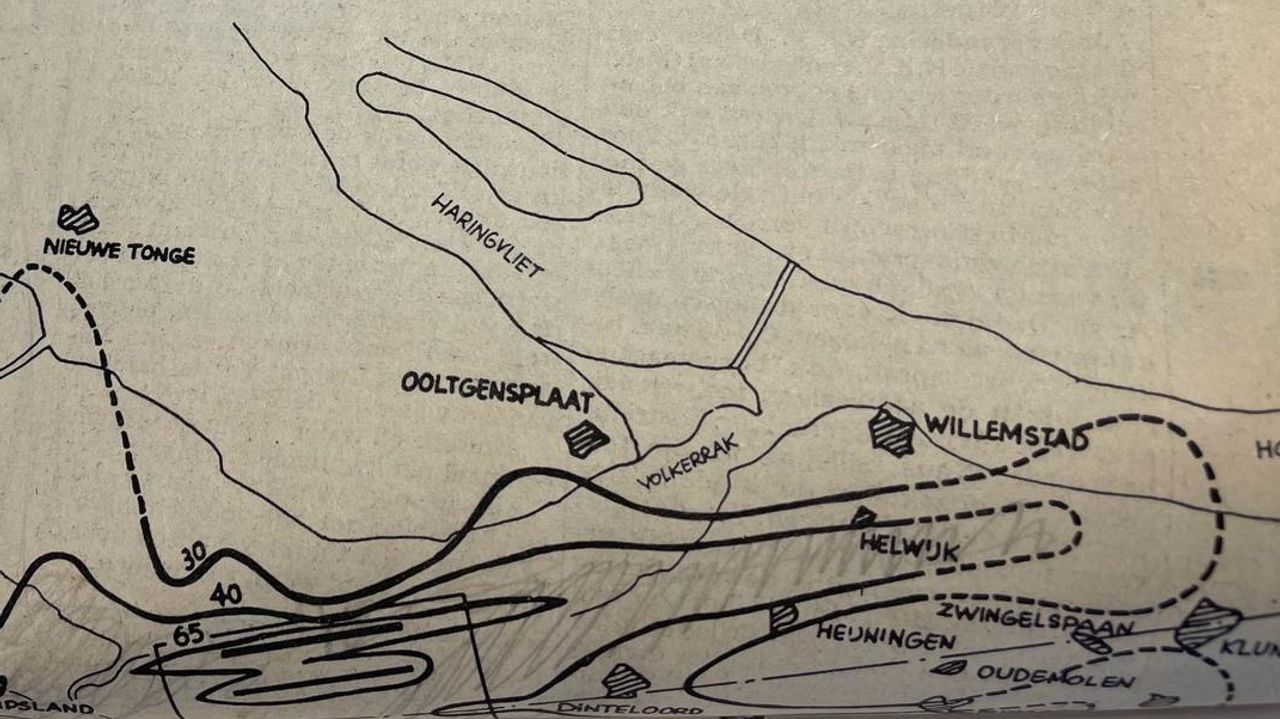 De start- en landingsbanen (zwarte strepen links onder) zouden ten westen van Dinteloord moeten komen.