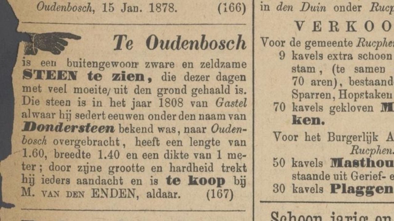 Een krantenadvertentie uit 1878 waarin de 'dondersteen' tevergeefs te koop werd aangeboden.