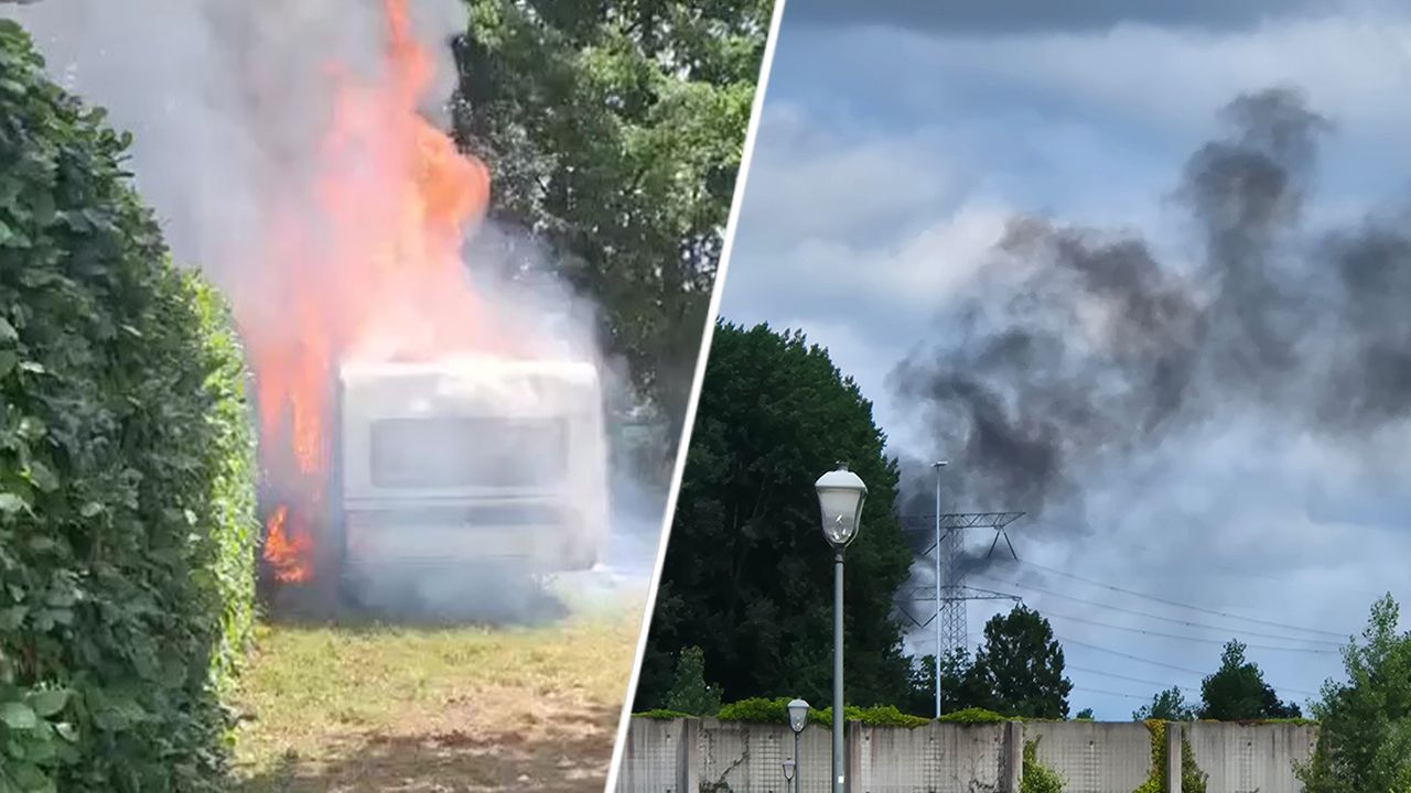 De brandende caravan zorgde voor flinke rookwolken (foto's: Stijn Aangenendt/Collin Beijk).