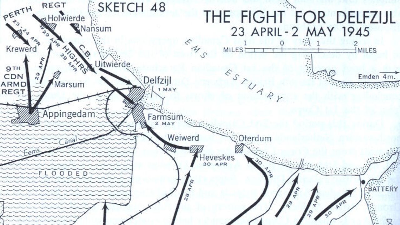Schets van de situatie bij Delfzijl april 1945 (foto: archief).