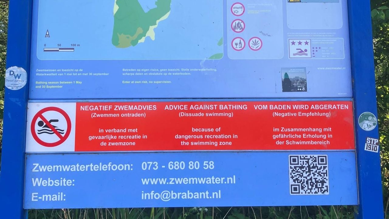 Een informatiebord met de boodschap over het negatieve zwemadvies.