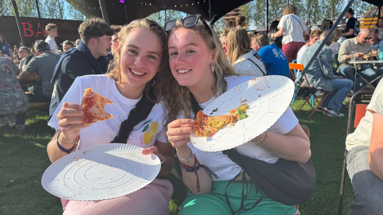 Pleun en Yoni vinden een pizza vrij goedkoop vergeleken de rest van het eten (foto: Omroep Brabant).