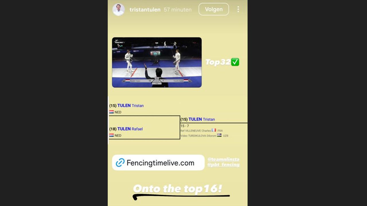 'Naar de laatste 16!', laat Tristan in een bericht op Instagram weten.