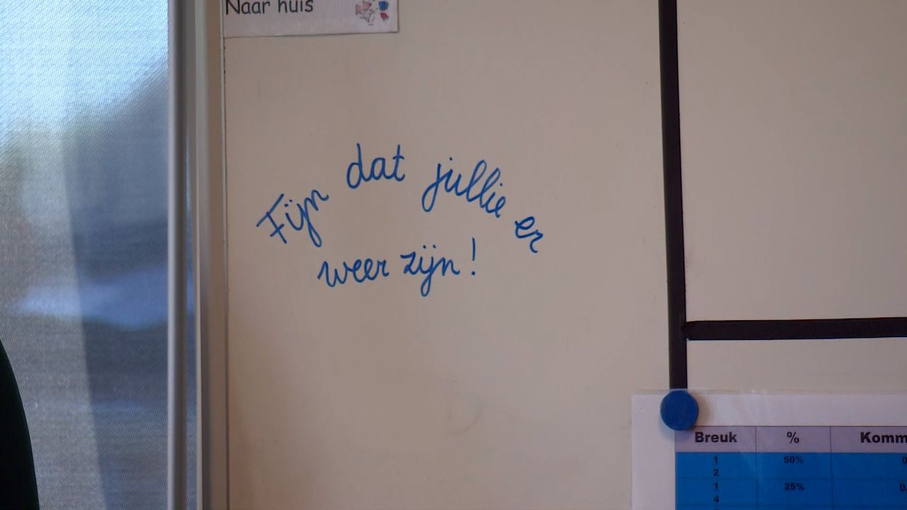 De kinderen worden welkom geheten in de klas van juf Sanne.