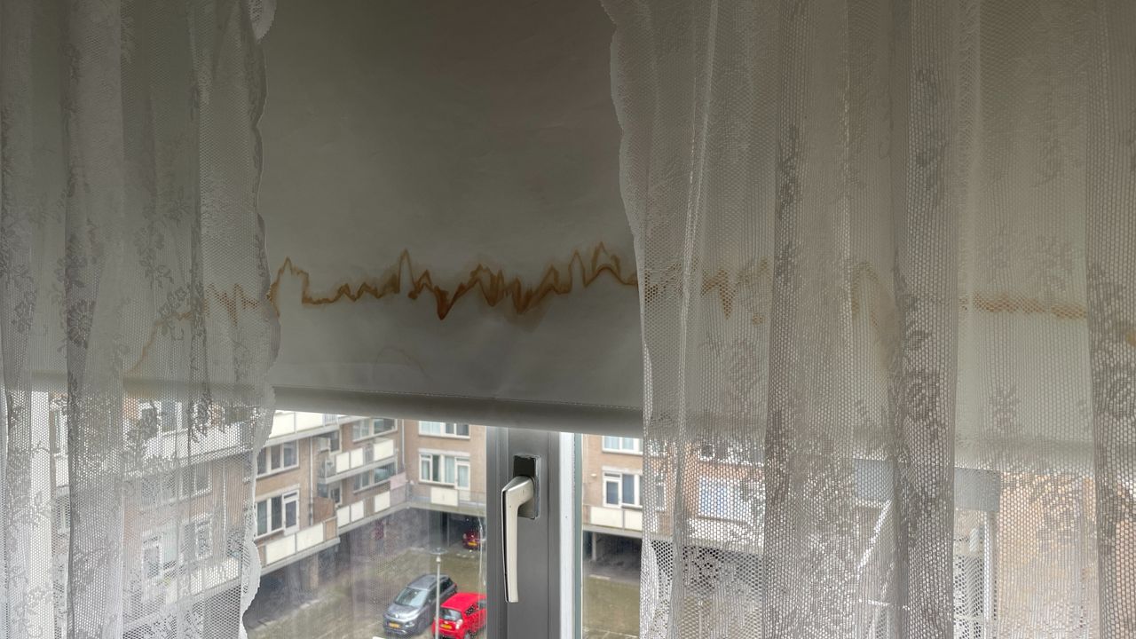 Het rolgordijn van Audrey is helemaal bruin door de lekkende kozijnen (foto: Omroep Brabant).