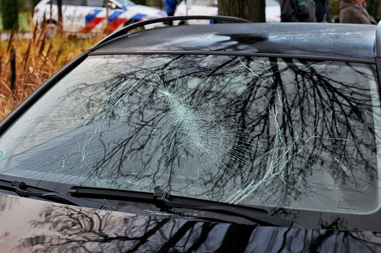 De voorruit van de auto raakte flink beschadigd (foto: Persbureau Heitink).