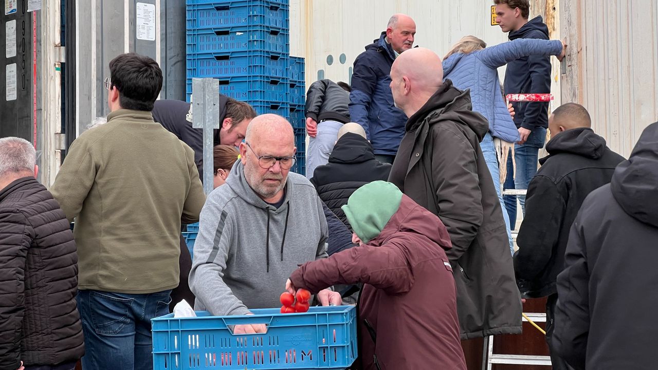 Al voor het uitdelen van de tomaten begon, stonden meer dan honderd mensen te wachten in Bergen op Zoom (foto: Zuidwest TV).