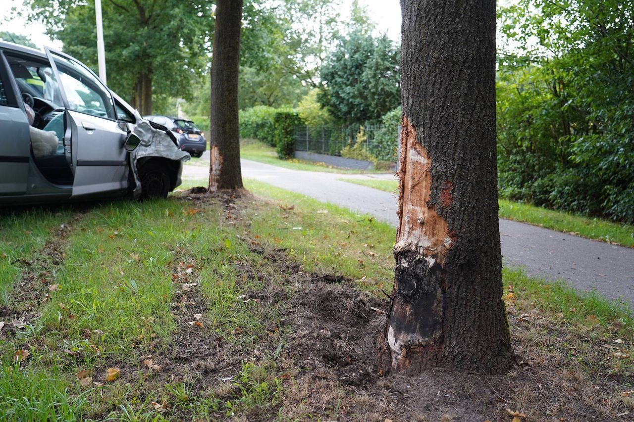 De schade aan de auto en de boom (foto: Jeroen Stuve/Persbureau Heitink).