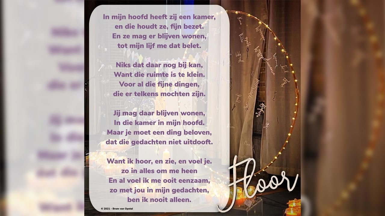 Het gedicht van Bram over Floor, waar later het nummer 'Kamer In Mijn Hoofd' van gemaakt is. 