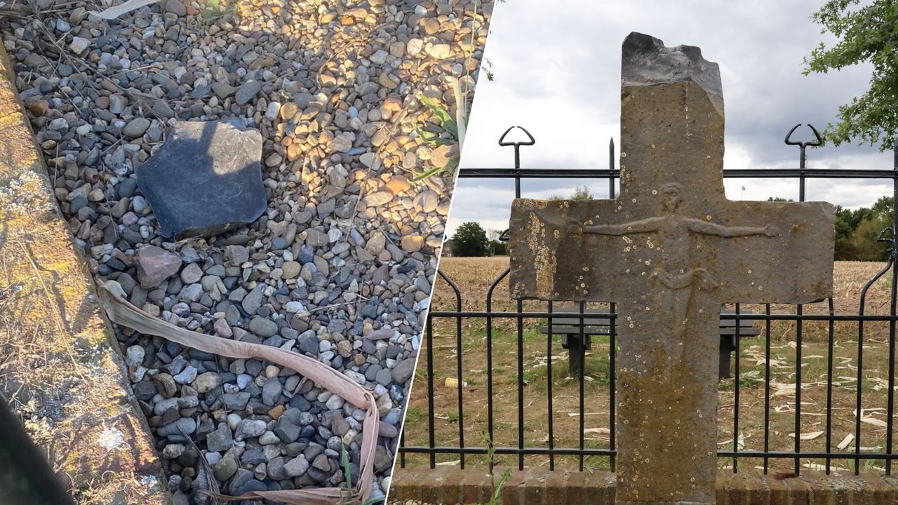 Het beschadigde kruis met daarnaast de brokstukken (foto: Ellen en Roland van de Ven Facebook, en Theo Schepens).