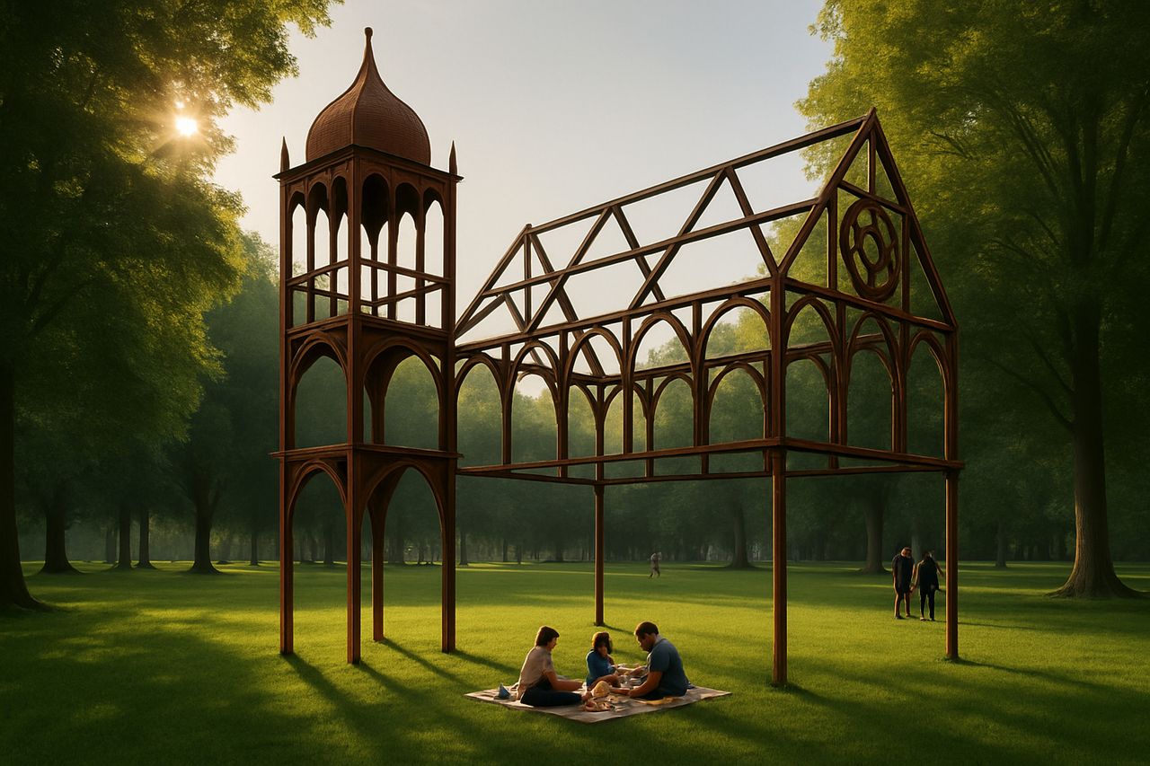 Impressie van het kunstwerk op de plaats waar de synagoge stond