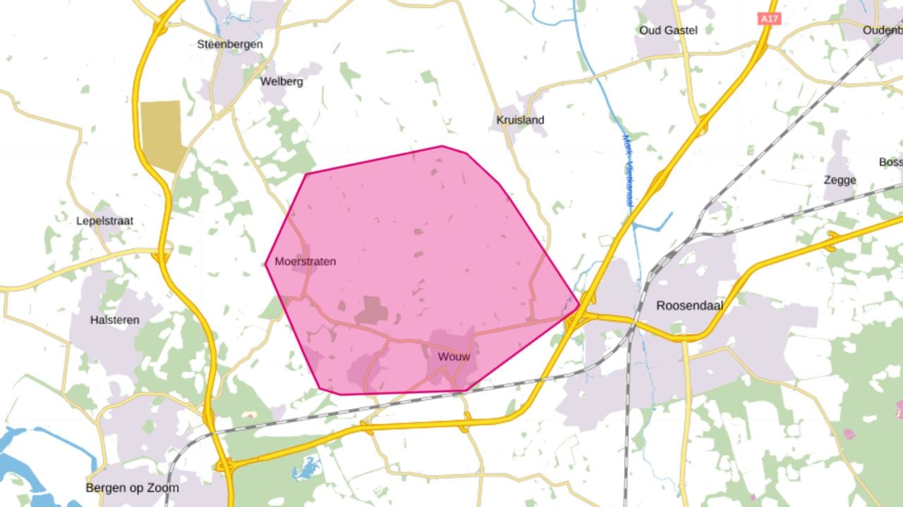 Het gebied dat getroffen is door de stroomstoring (foto: Enexis).