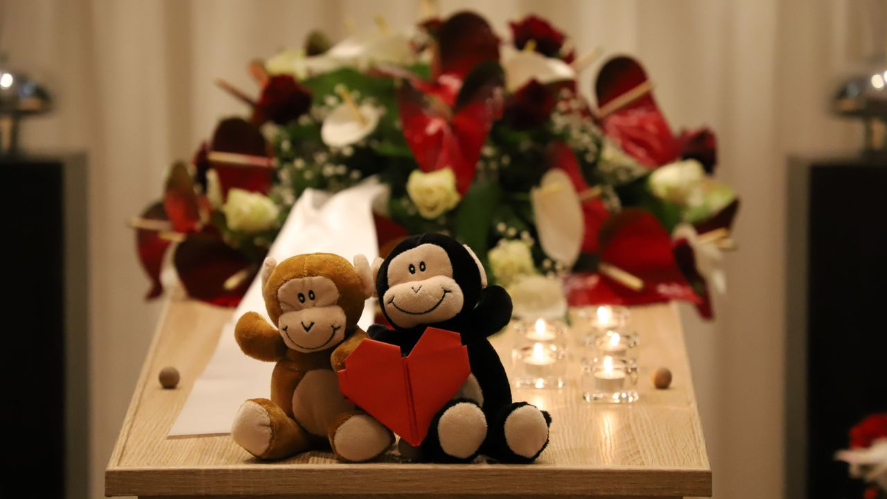 Twee knuffelaapjes die een hart vasthouden staan op de kist van Silvana (foto: Collin Beijk).