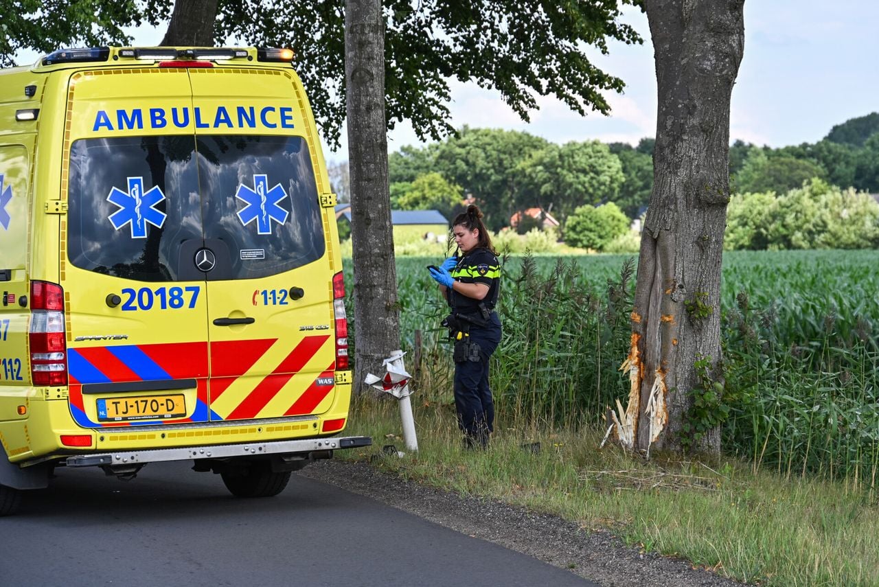 Politie en ambulance bij de boom die door de motor werd geraakt (foto: Tom van der Put/Persbureau Heitink).