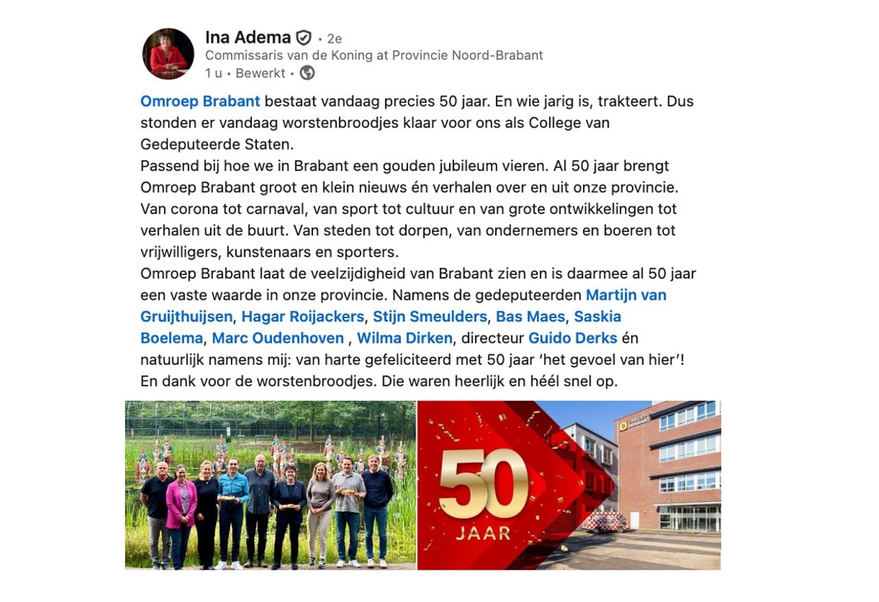 Ina Adema feliciteert Omroep Brabant met 50-jarig bestaan (foto: Ina Adema/LinkedIn).