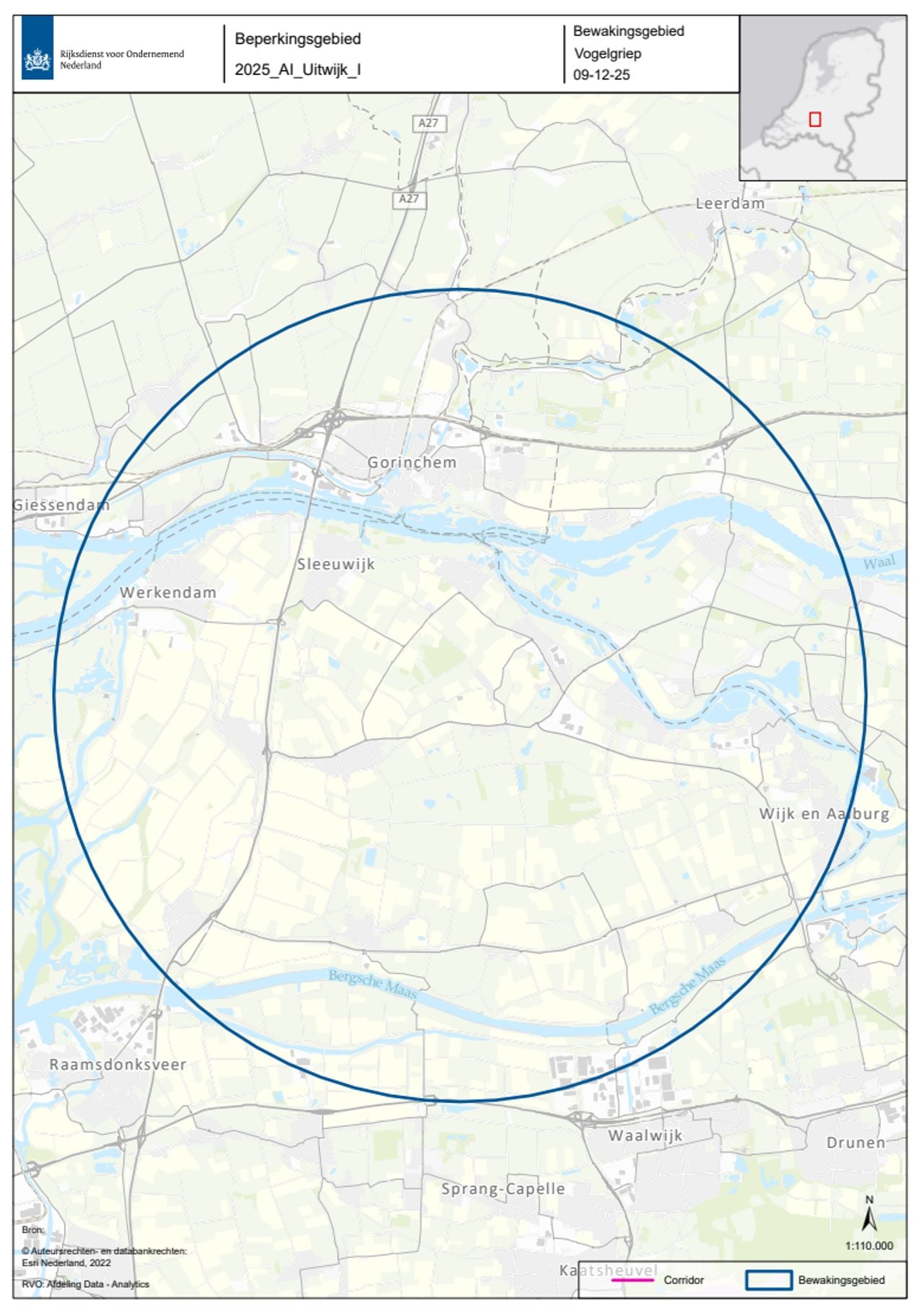 Deze kaart toont het vervoersbeperkingsgebied 10 km in verband met een besmetting vogelgriep op een locatie in Uitwijk.