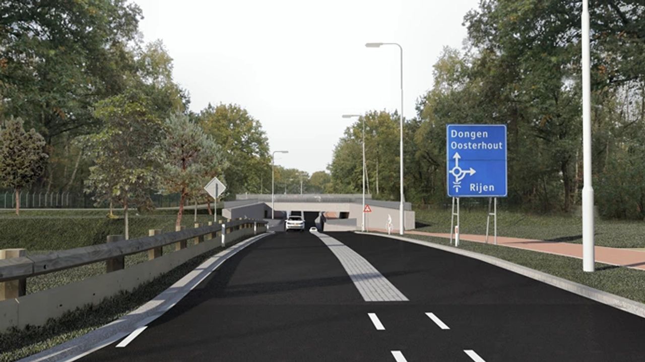 Impressie van de nieuwe onderdoorgang in Rijen vanuit het zuiden gezien (beeld: ProRail).