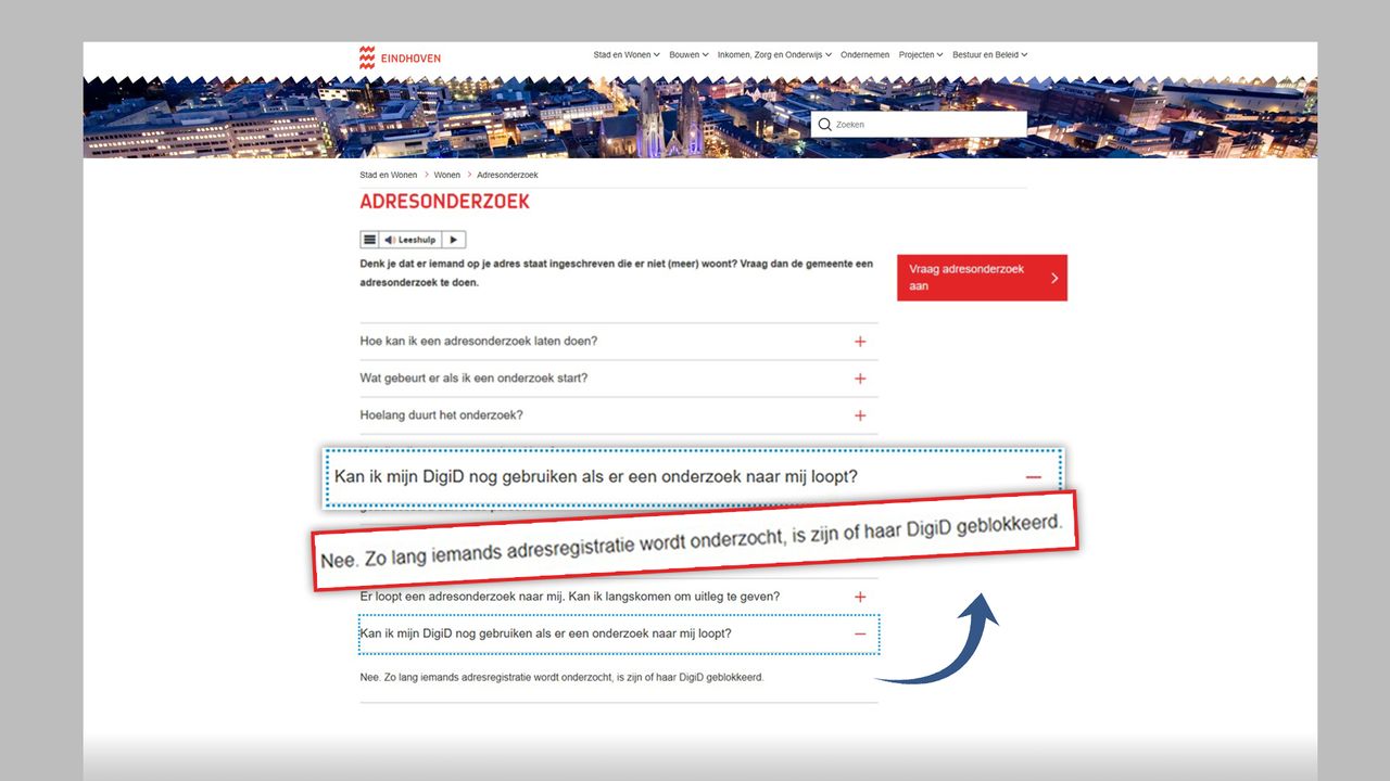 De tekst op de website van de gemeente Eindhoven die inmiddels is weggehaald.
