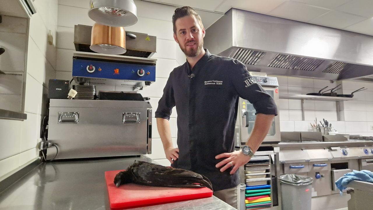 Herman Cooijmans van sterrenrestaurant Eden met de net binnengekomen kraai (foto: Noël van Hooft)