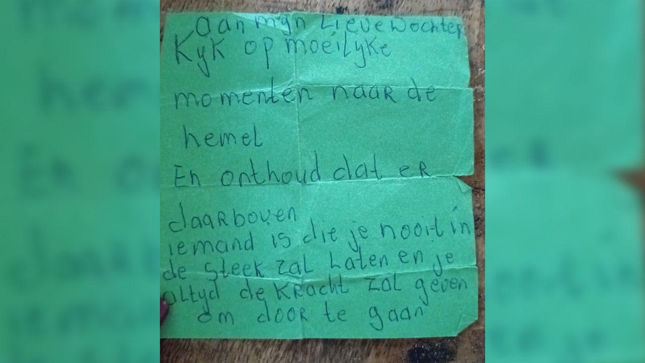 Het briefje dat Cherly vond (privéarchief). 
