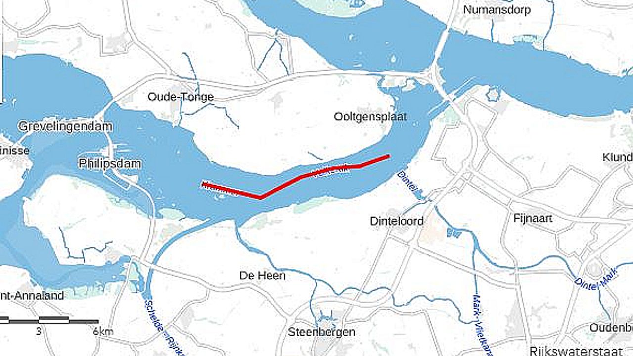 De rode lijn is het Volkerak (kaartje: Rijkswaterstaat)