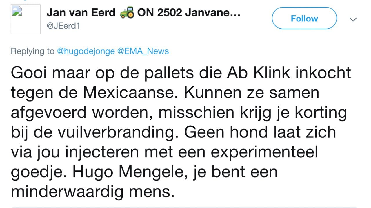 Van Eerd richt zich in een tweet tot Hugo de Jonge.