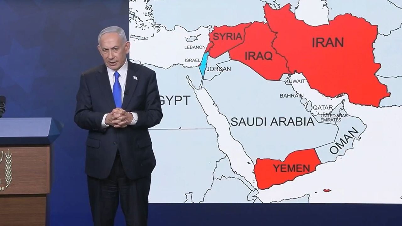 Premier Netanyahu liet tijdens zijn verklaring zien welke landen hij als gevaar voor Israël beschouwt - Kantoor premier Netanyahu