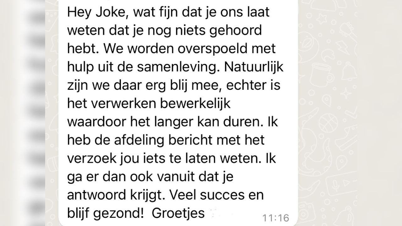 Het bericht dat Joke via Whatsapp ontving van de GGD.