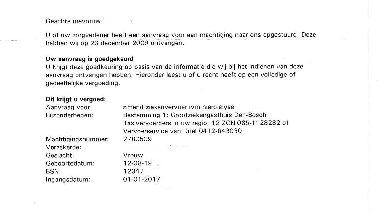 De brief van VGZ die Inge kreeg toegestuurd.