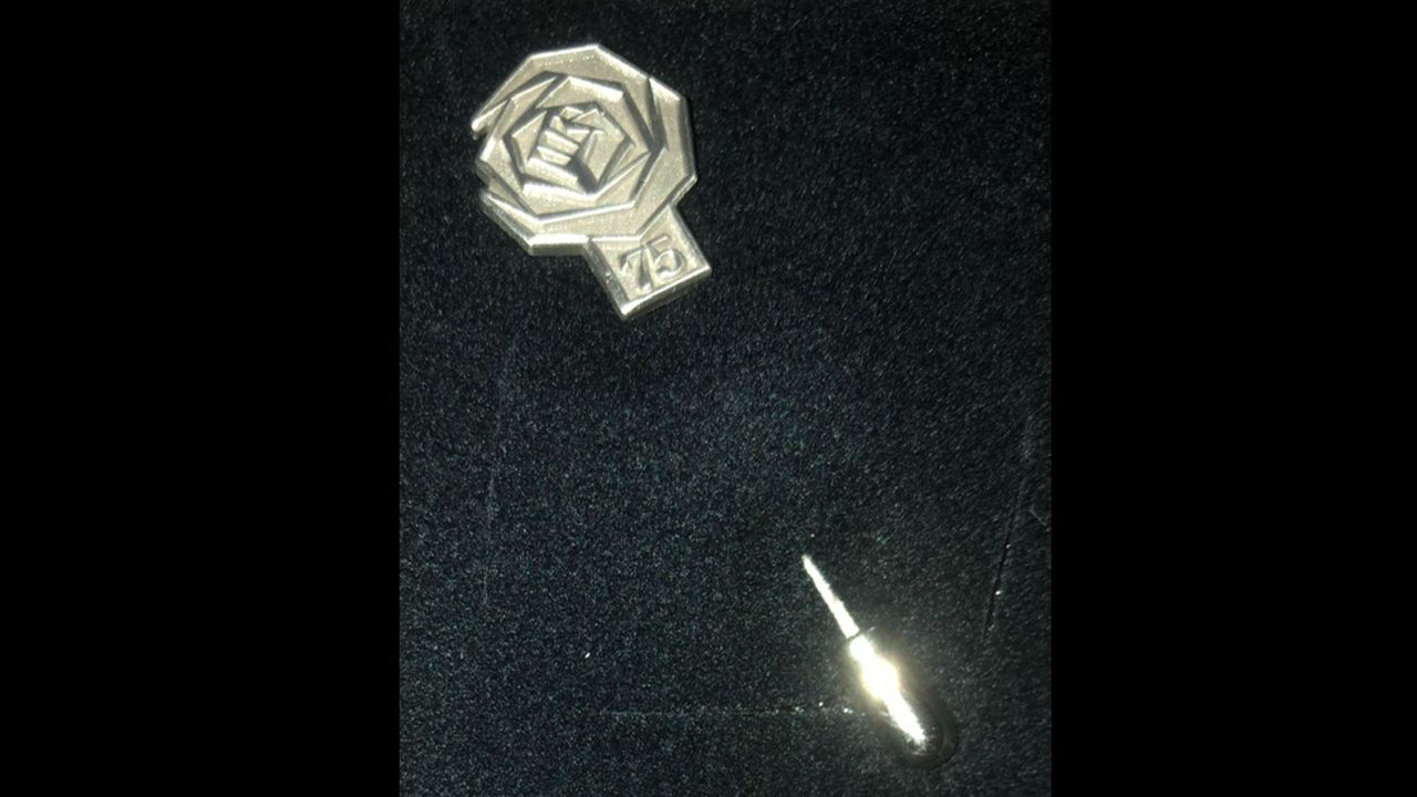 Het speldje dat Annie Lodewijkx gekregen heeft (foto: PvdA/GroenLinks Son en Breugel).