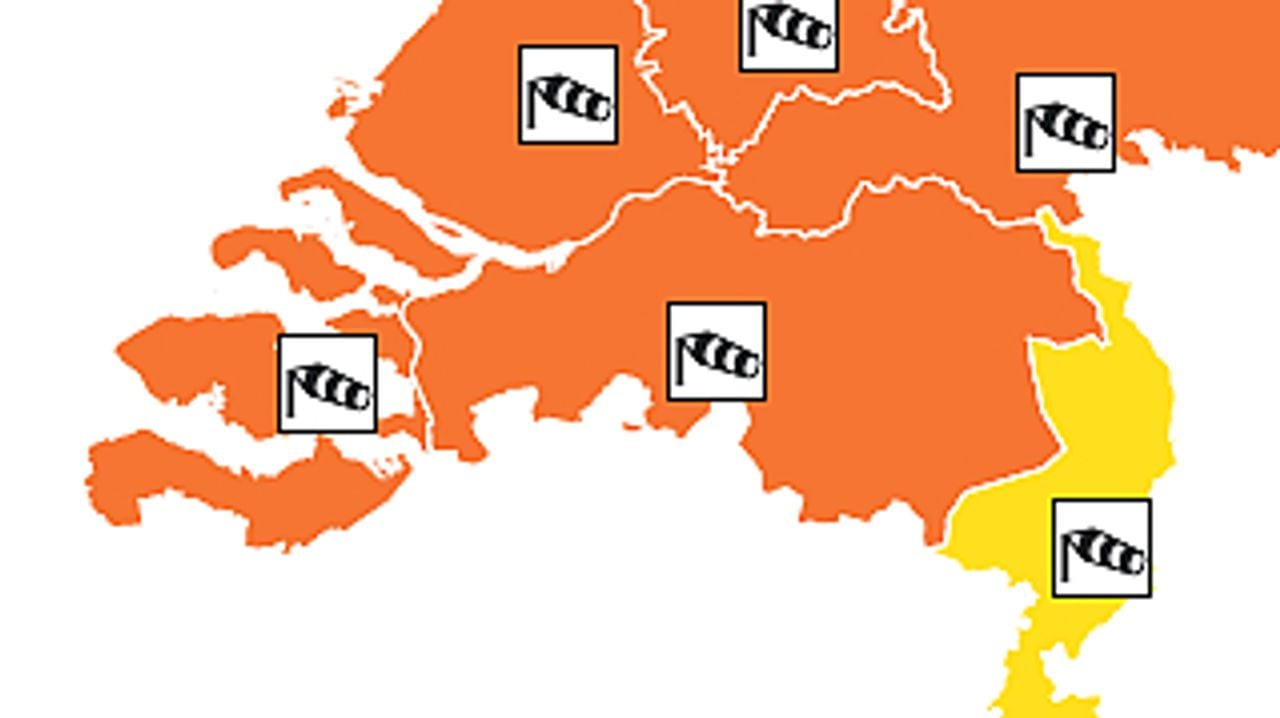 Code oranje voor vrijdagmiddag (beeld: KNMI).