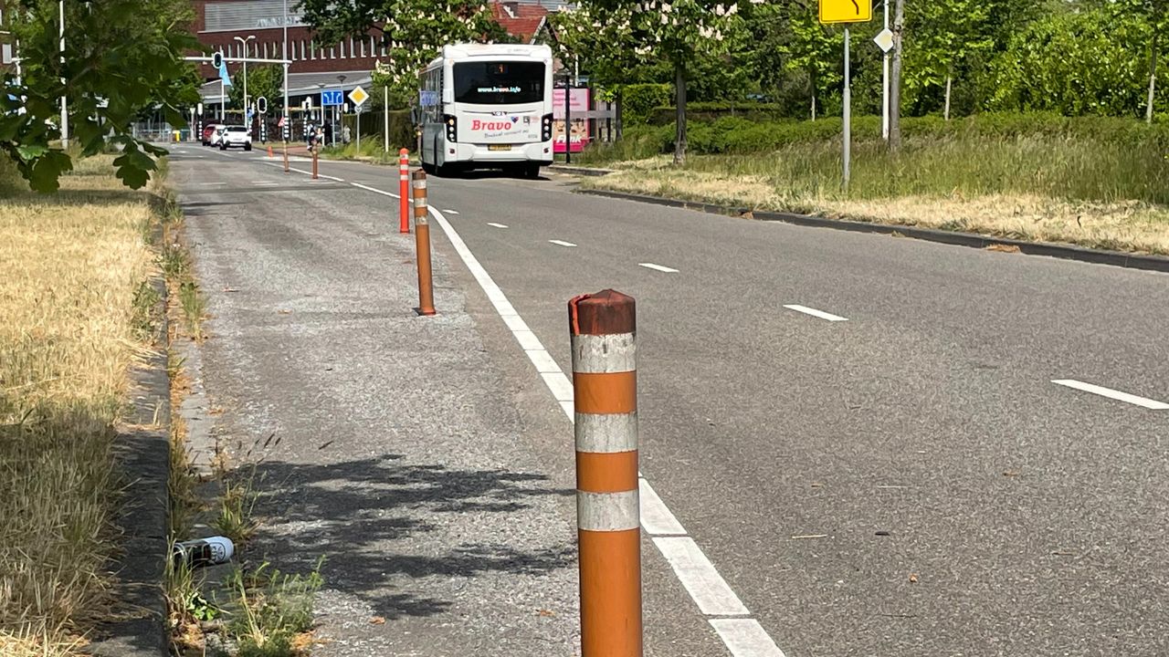 Op de burgemeester Schneiderlaan in Roosendaal staan een hoop paaltjes in de weg (foto: Robert te Veele).