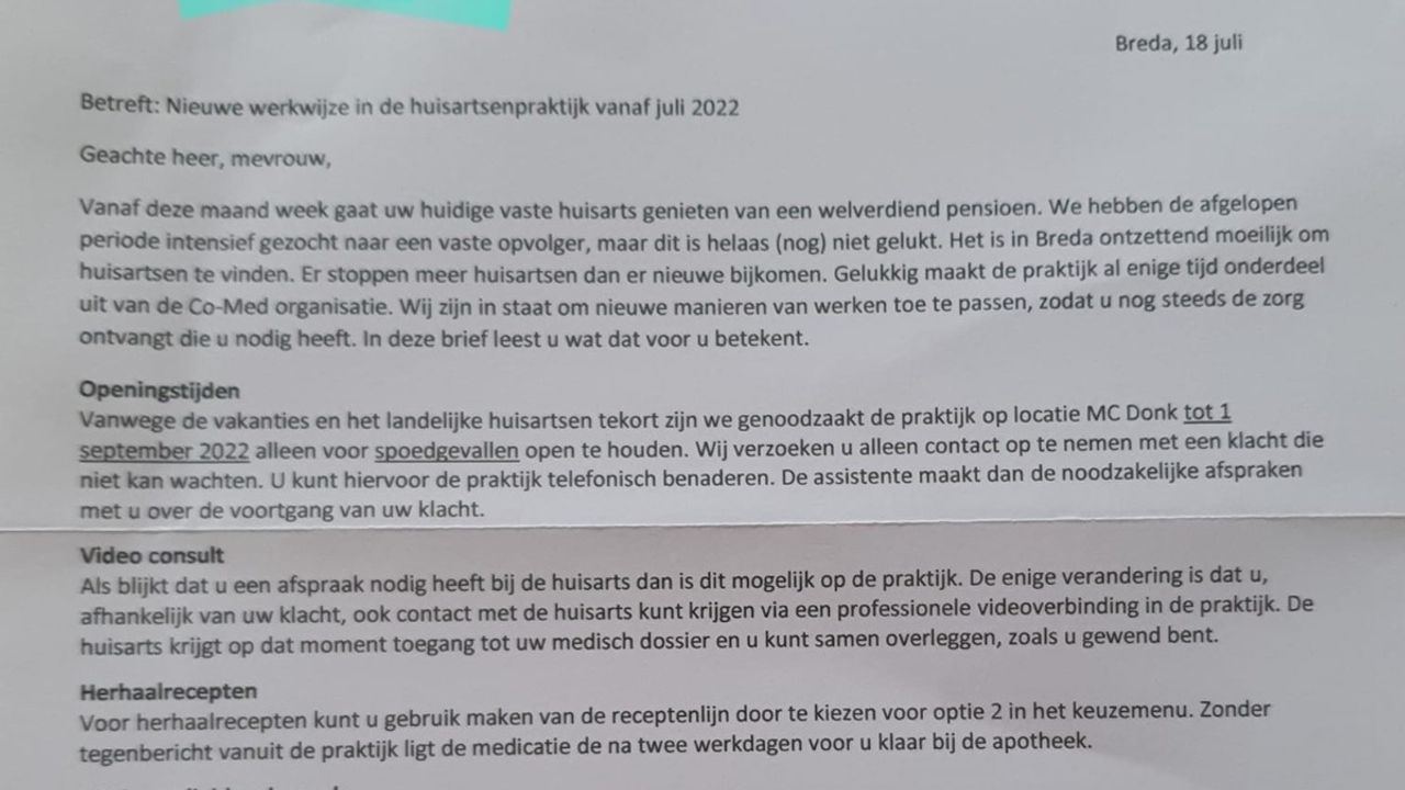 De brief die naar de patiënten is gestuurd. Daar staat in dat alleen spoedzorg geboden wordt, de directeur van Co-Med ontkent dat.