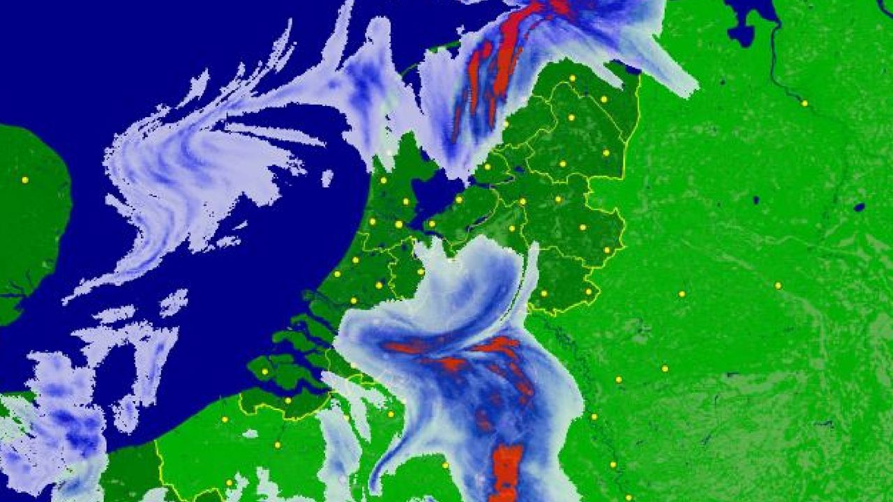 Volgens Buienradar is dit de situatie rond donderdagmiddag halfdrie. 