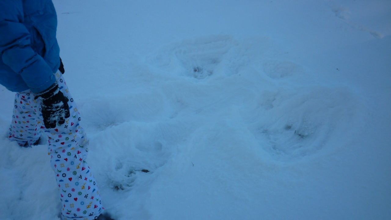 Een kerstengel in de sneeuw maken.