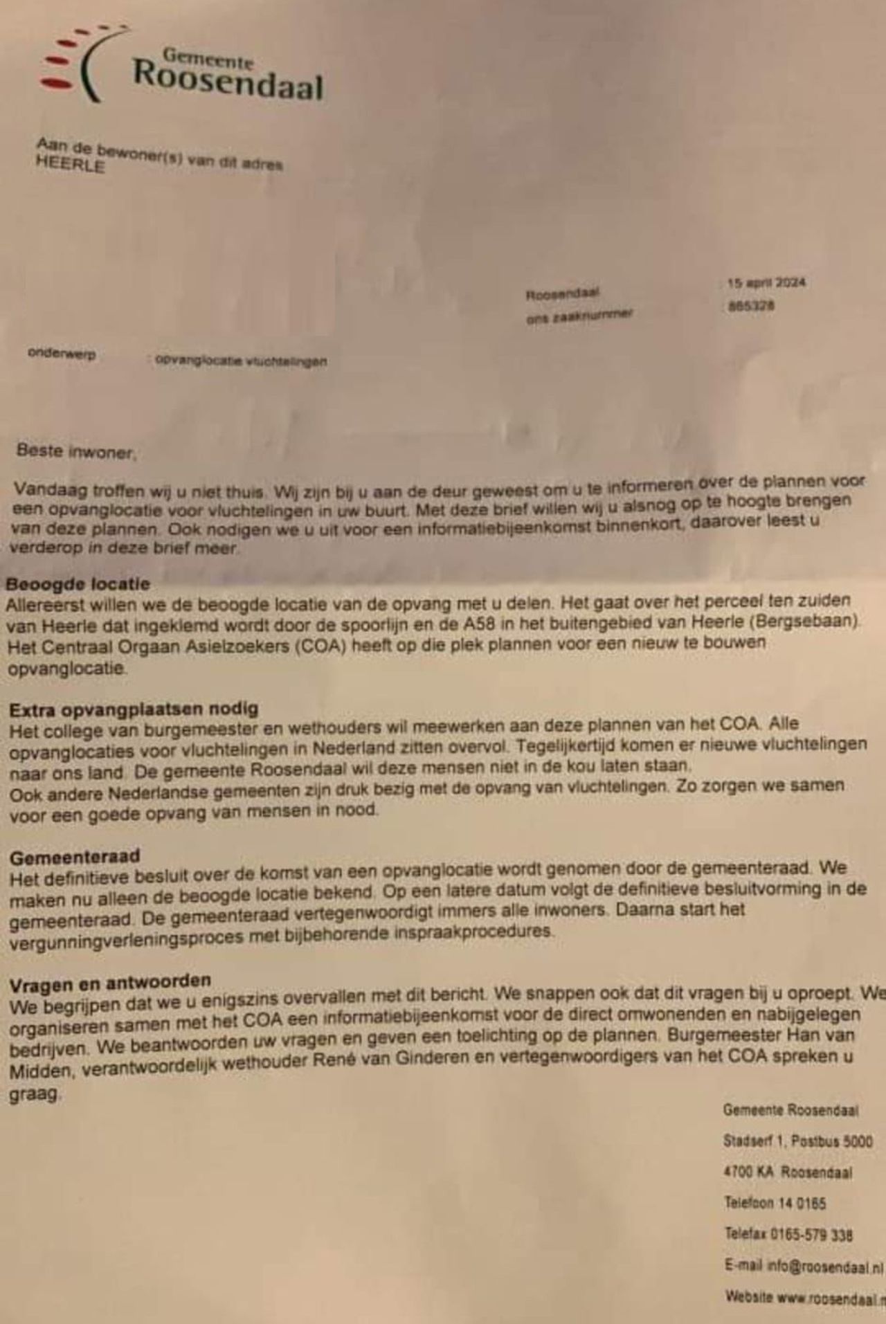 De bewonersbrief van de gemeente Roosendaal.