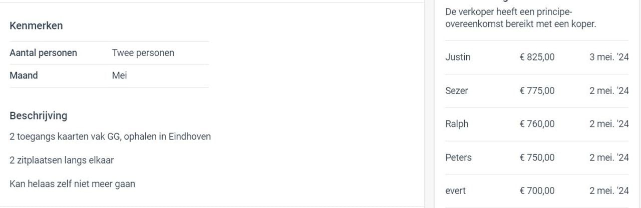 Twee kaarten voor GG. Hoogste bod 825 euro (screenshot Marktplaats).