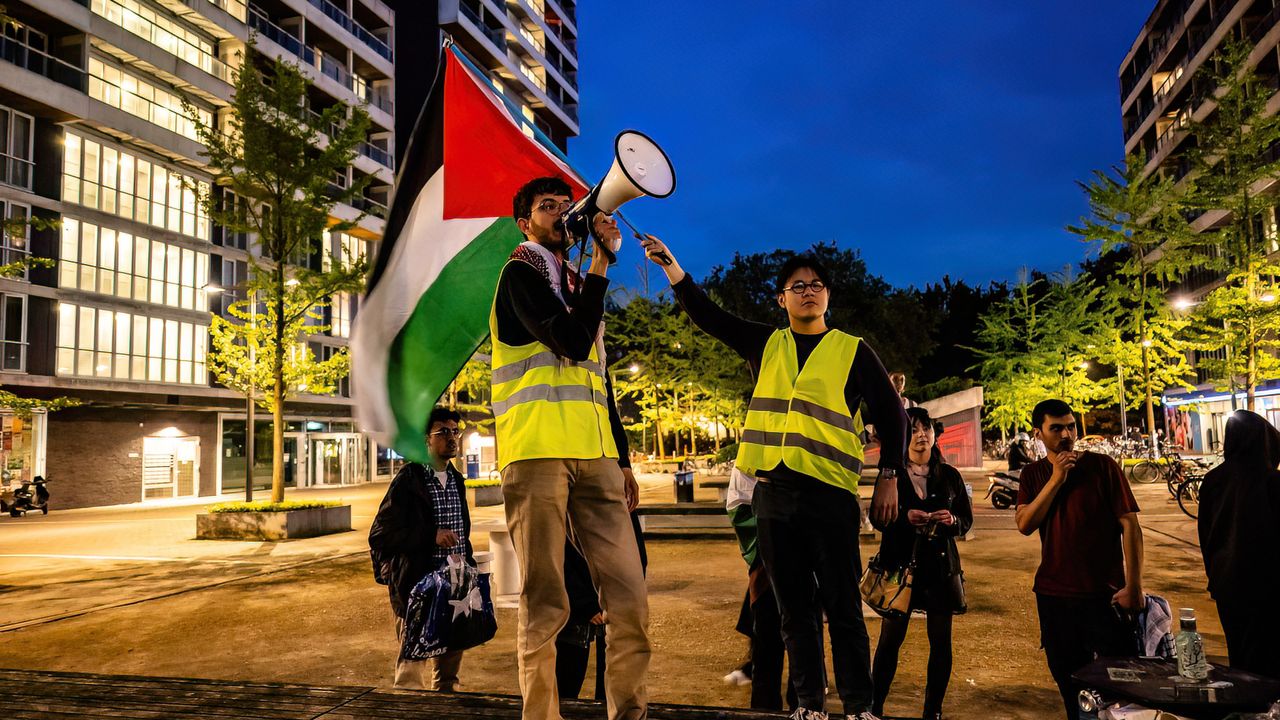 De demonstranten verzamelden na afloop weer bij de Albert Heijn vlakbij de campus. Foto: Jack Brekelmans.
