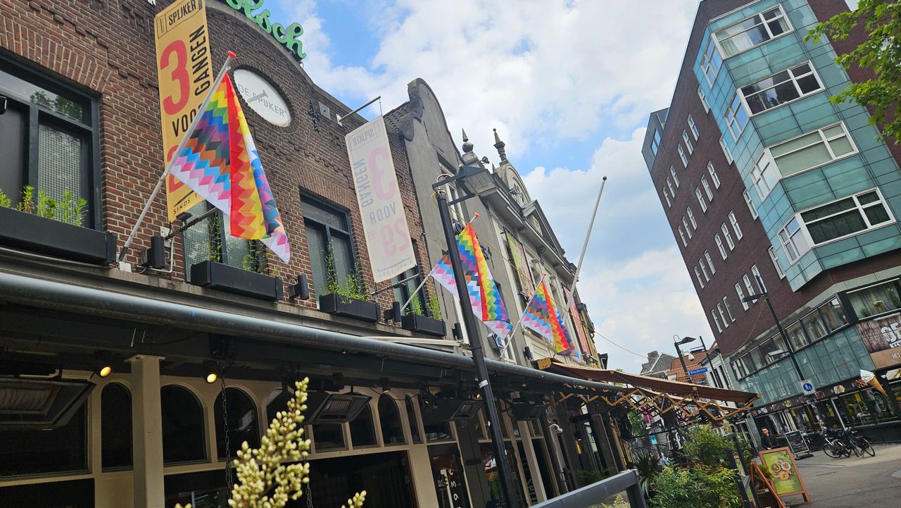 Het Stratumseind hangt inmiddels vol met deze kleurrijke vlag (foto: Queer 040).
