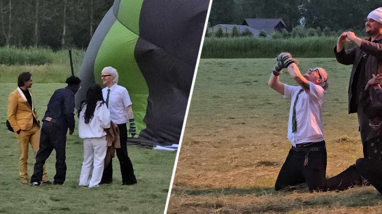 Joost Klein en z'n crew in de wei in Schijndel.